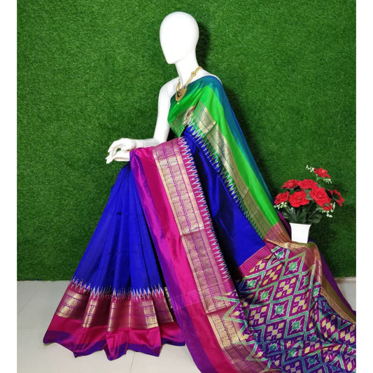 Ikkat Pochampally Handloom Pure Silk Saree with Kanchi Border – Ikat Pallu & Blouse | Double Warp | Silk Mark Certified