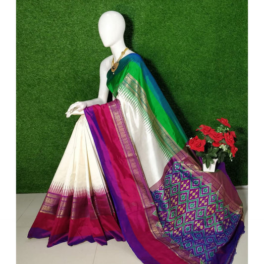 Ikkat Pochampally Handloom Pure Silk Saree with Kanchi Border – Ikat Pallu & Blouse | Double Warp | Silk Mark Certified