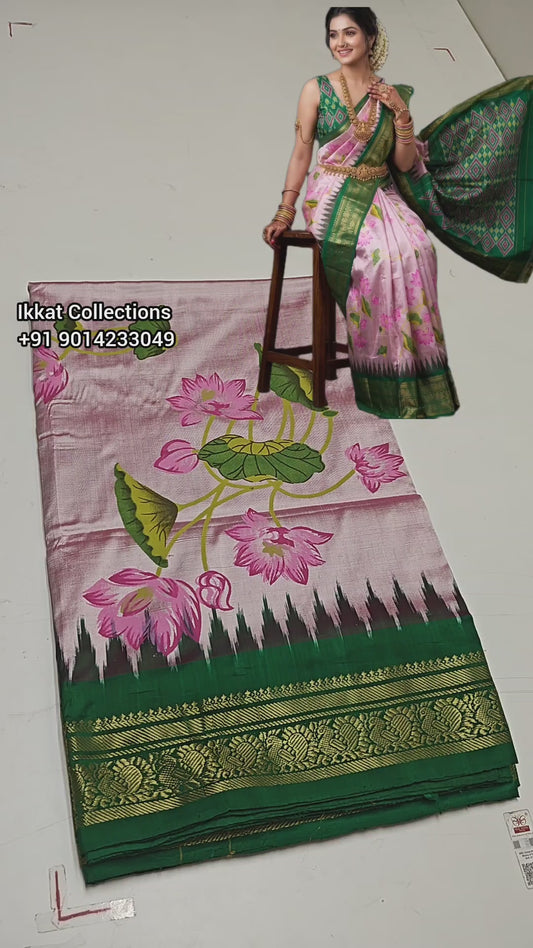 Ikkat Pochampally Handloom Pure Silk Digital Floral Printed Saree With Pallu & Designer Ikkat Blouse | Silk Mark Certified | DS222