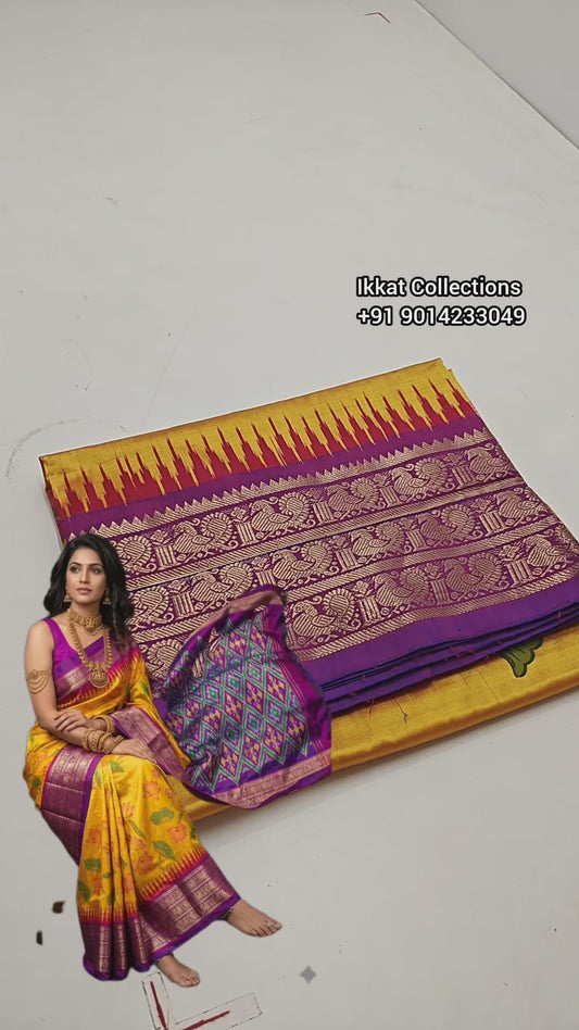 Ikkat Pochampally Handloom Pure Silk Digital Floral Printed Saree With Pallu & Designer Ikkat Blouse | Silk Mark Certified | DS225