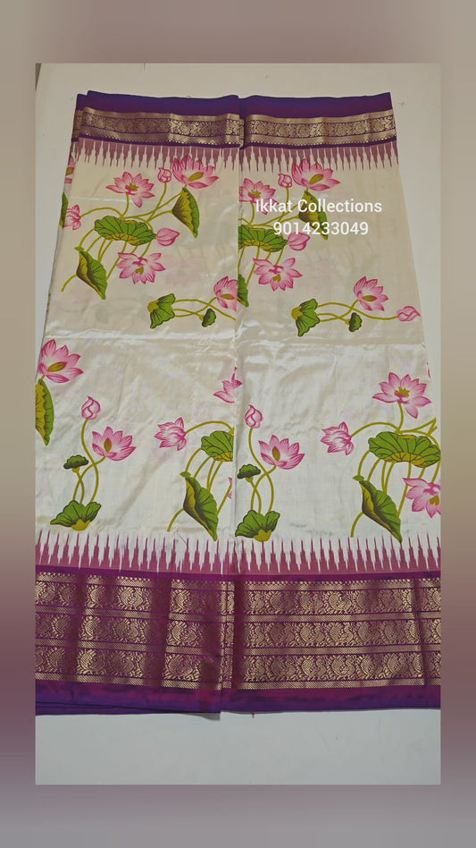 Ikkat Pochampally Handloom Pure Silk Digital Floral Printed Saree With Pallu & Designer Ikkat Blouse | Silk Mark Certified | DS231