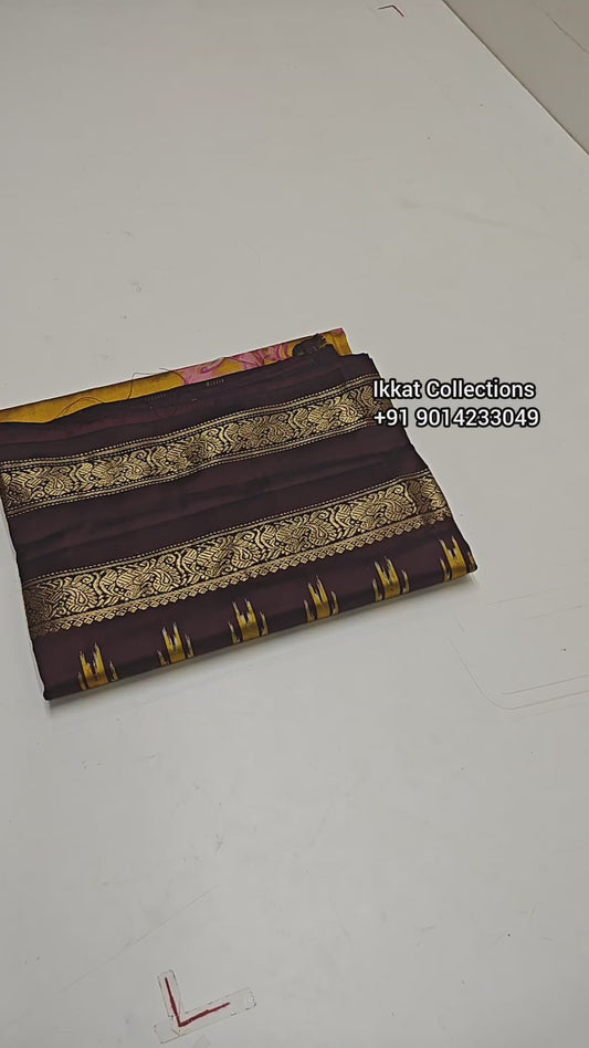 Ikkat Pochampally Handloom Pure Silk Digital Floral Printed Saree With Pallu & Designer Ikkat Blouse | Silk Mark Certified | DS227
