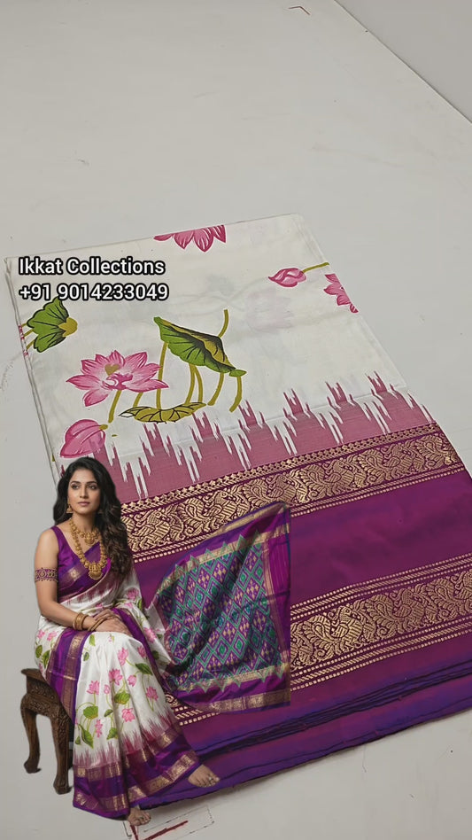 Ikkat Pochampally Handloom Pure Silk Digital Floral Printed Saree With Pallu & Designer Ikkat Blouse | Silk Mark Certified | DS226