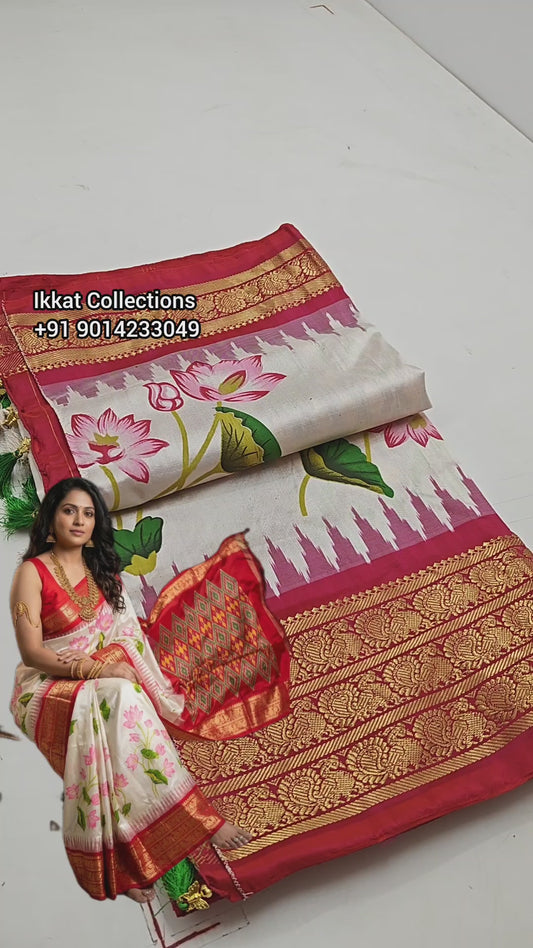 Ikkat Pochampally Handloom Pure Silk Digital Floral Printed Saree With Pallu & Designer Ikkat Blouse | Silk Mark Certified | DS228