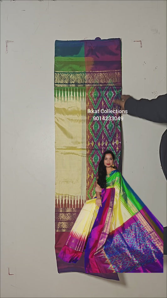 Ikkat Pochampally Handloom Pure Silk Saree with Kanchi Border – Ikat Pallu & Blouse | Double Warp | Silk Mark Certified