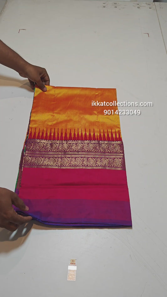 Ikkat Pochampally Handloom Pure Silk Saree with Kanchi Border – Ikat Pallu & Blouse | Double Warp | Silk Mark Certified