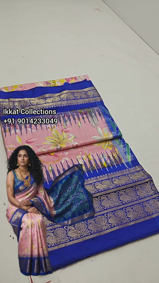 Ikkat Pochampally Handloom Pure Silk Digital Floral Printed Saree With Pallu & Designer Ikkat Blouse | Silk Mark Certified | DS229