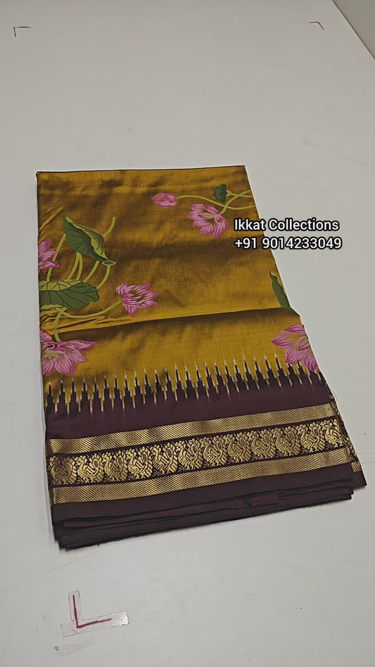 Ikkat Pochampally Handloom Pure Silk Digital Floral Printed Saree With Pallu & Designer Ikkat Blouse | Silk Mark Certified | DS223