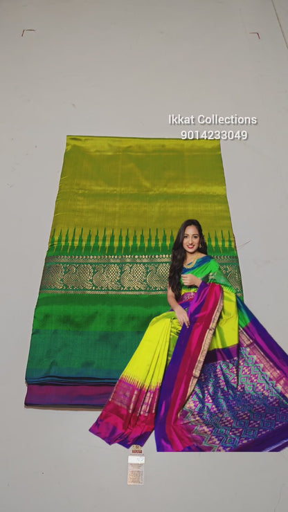 Ikkat Pochampally Handloom Pure Silk Saree with Kanchi Border – Ikat Pallu & Blouse | Double Warp | Silk Mark Certified