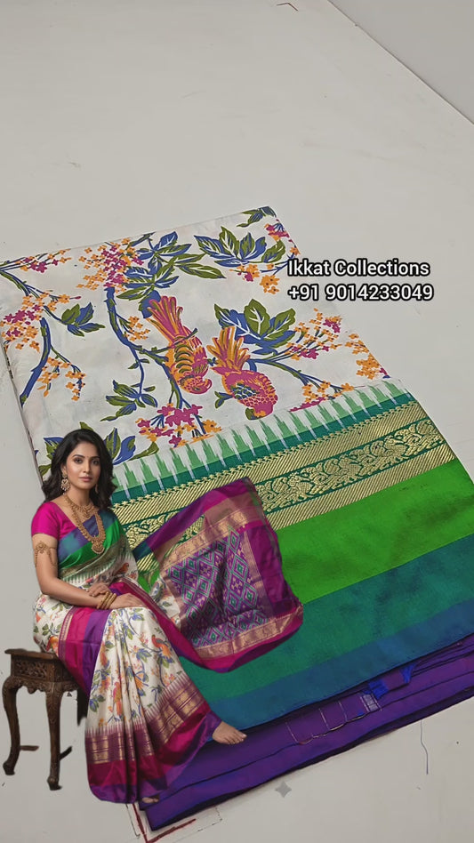 Ikkat Pochampally Handloom Pure Silk Digital Floral Printed Saree With Pallu & Designer Ikkat Blouse | Silk Mark Certified | DS224